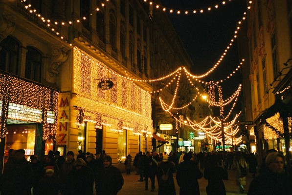 Vienna's Kohlmarkt with the famous Demel coffee shop and confectionery on New Year's Eve