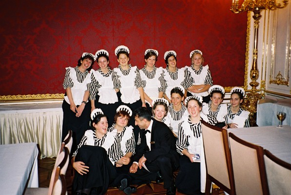 The absolutely splendid team of waitresses for the Geheime Ratstube relax at some time after 2 a.m. for a group photo mit dem Chef